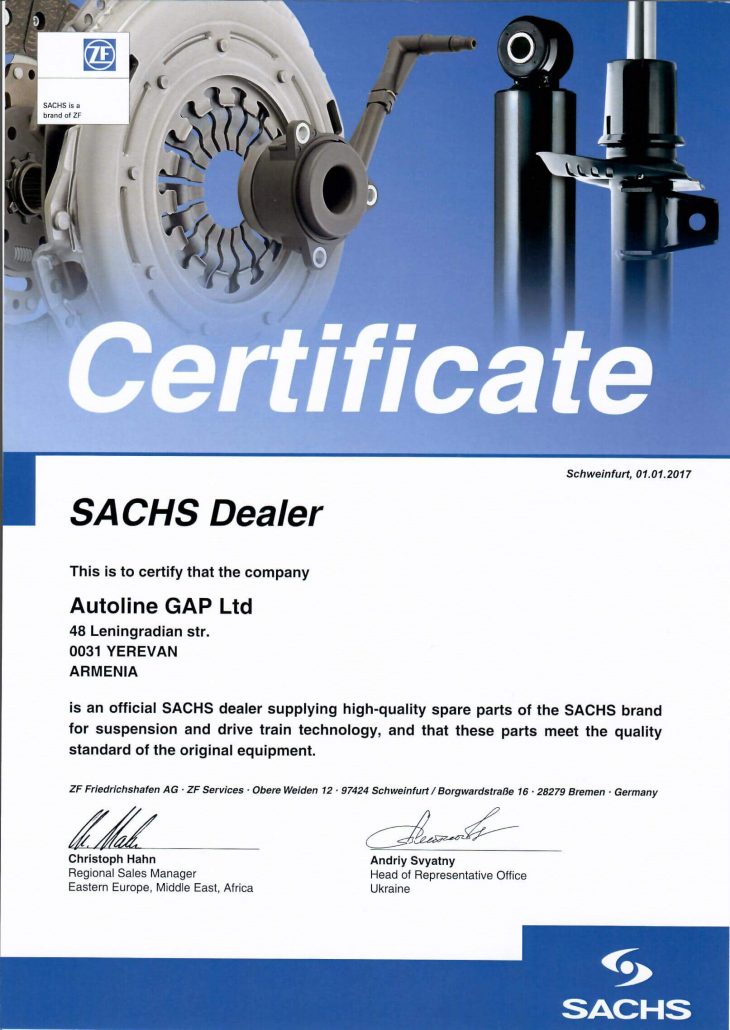 Sachs Dealer's Certificate